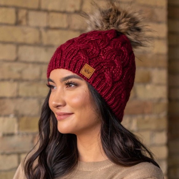 SOLD OUT Maroon Cable Knit Beanie Hat w/ Faux Fur Fleece Lined Pompom Winter Hat - Picture 5 of 5